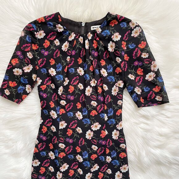 Whistles Black Floral Summer Pansy Print Silk Blend ¾ Sleeve Bodycon Dress - Picture 3 of 9